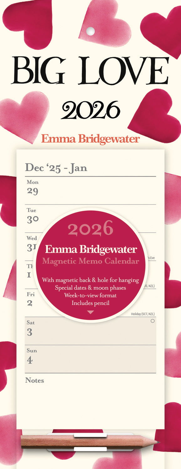 Emma Bridgewater Big Pink Hearts WTV Magnetic Calendar 2026