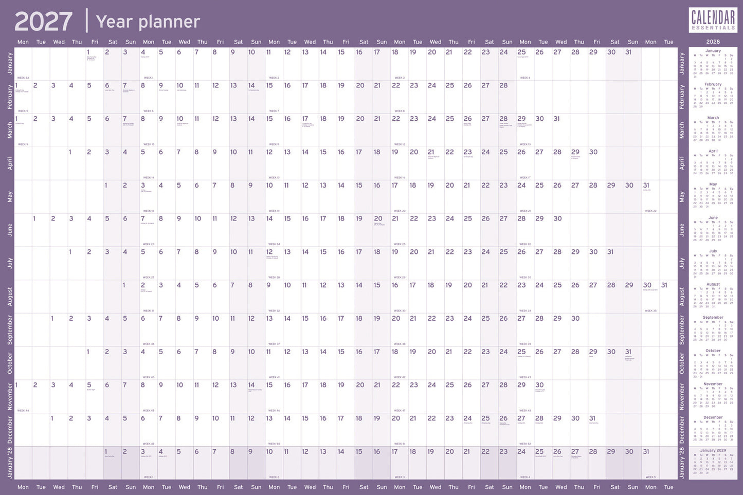 Essential Yearly Roll Pall Calendar 2027