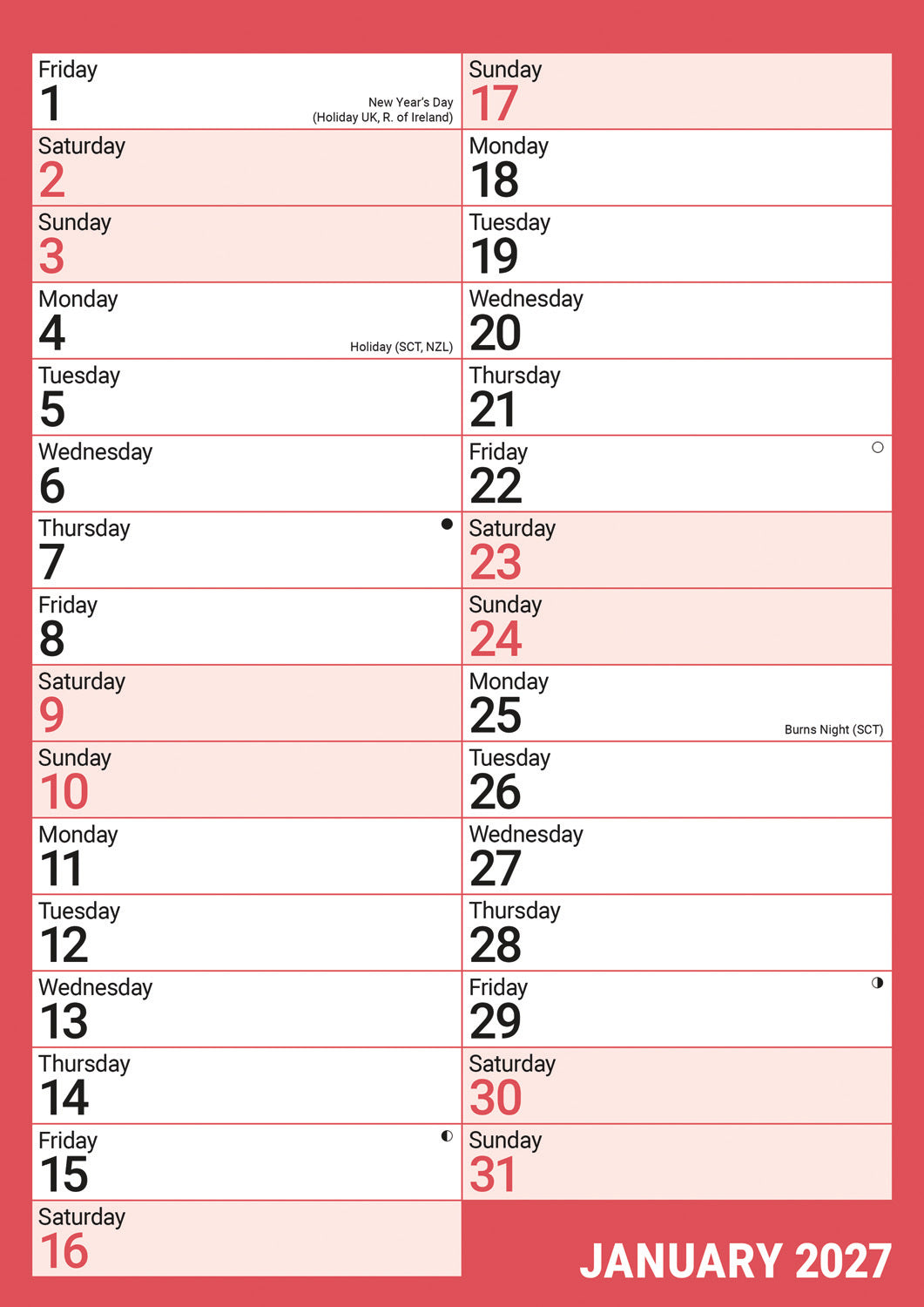 Red & Black Monthly Engagement A4 Calendar 2027