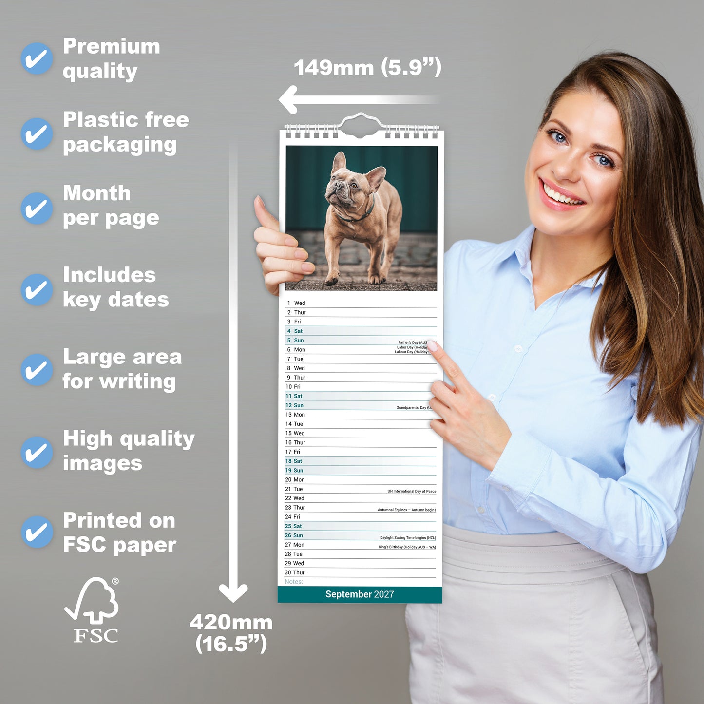 French Bulldog Slim Calendar 2027