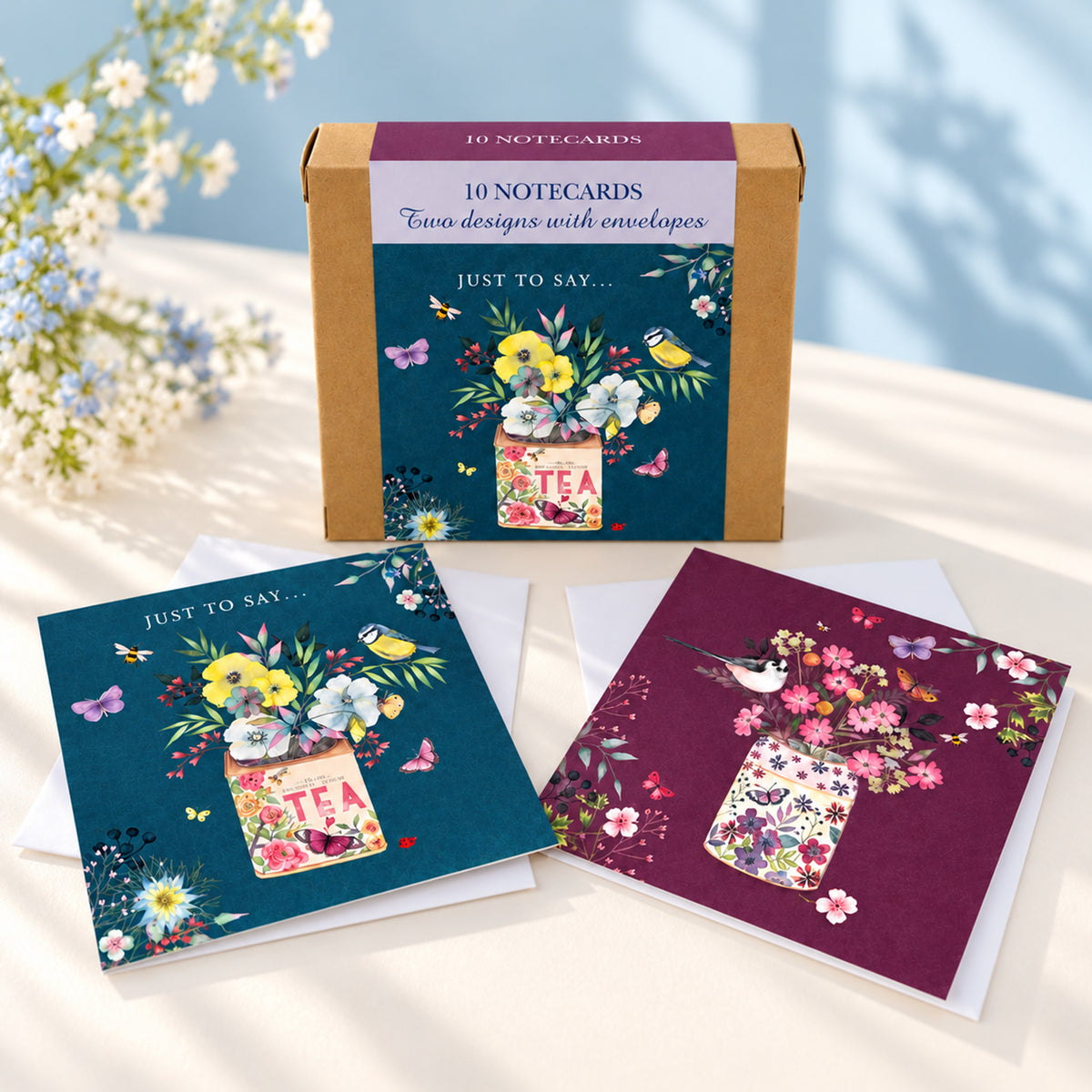 Vintage Garden Stationery - Notecard Pack (10 Cards) - Tea Caddy & Flowerpot