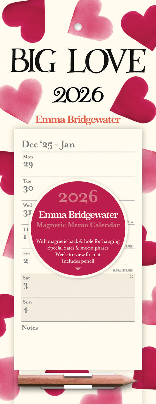 Emma Bridgewater Big Pink Hearts WTV Magnetic Calendar 2026