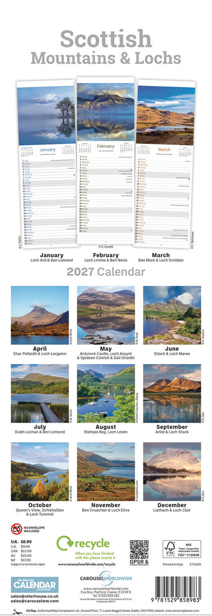 Scottish Mountains & Lochs Slim Calendar 2027