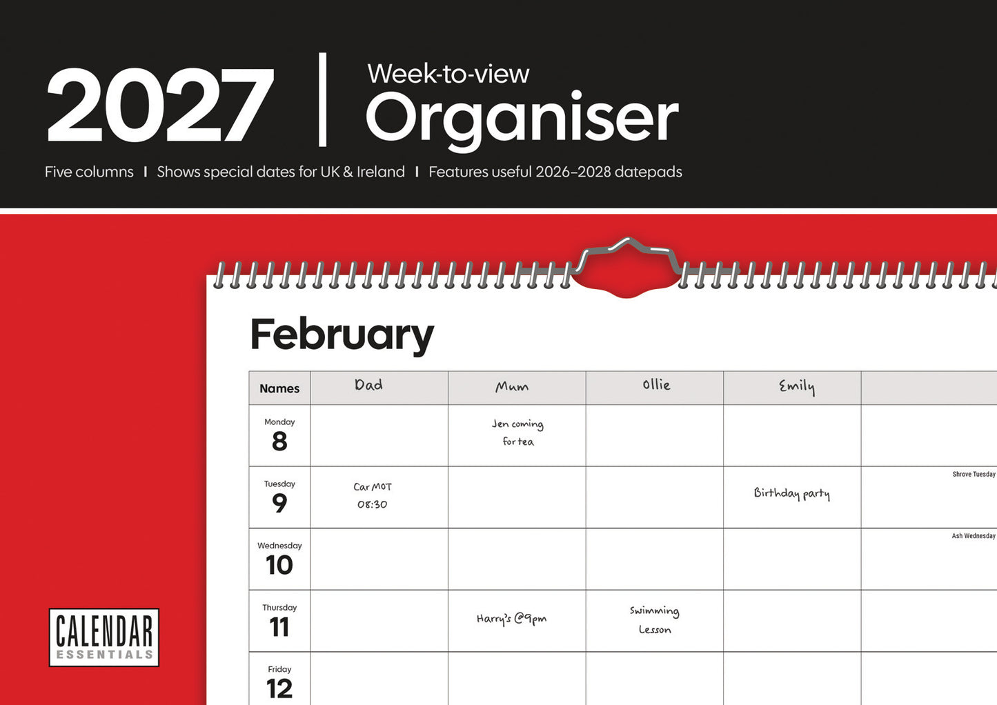 Essential Family Organiser Week-To-View Planner A4 Calendar 2027