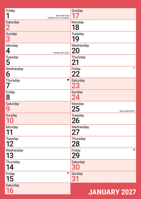 Red & Black Monthly Engagement A4 Calendar 2027