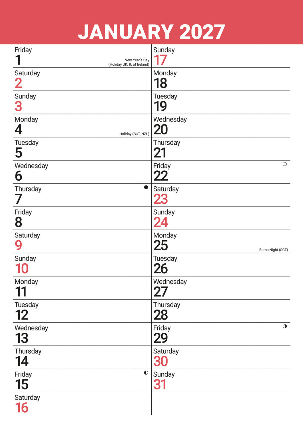 Red & Black Large Engagement Planner A3 Calendar 2027