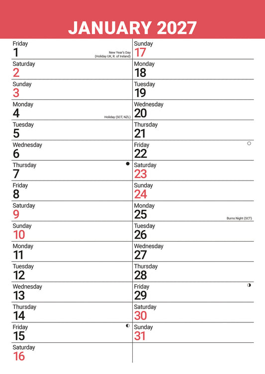 Red & Black Large Engagement Planner A3 Calendar 2027