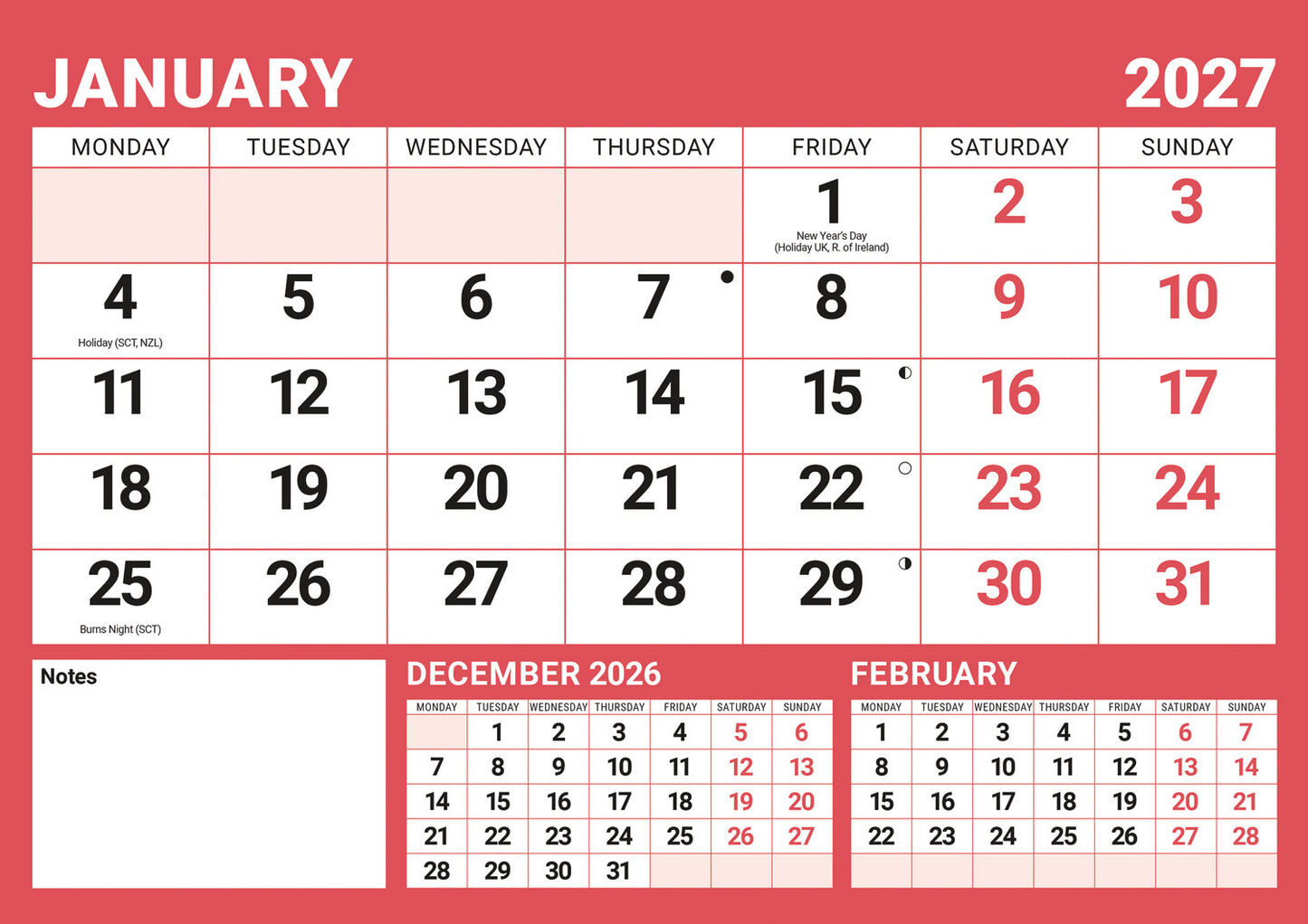 Red & Black Large Boldtype A4 Calendar 2027