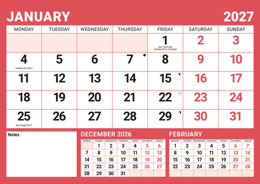 Red & Black Large Boldtype A4 Calendar 2027