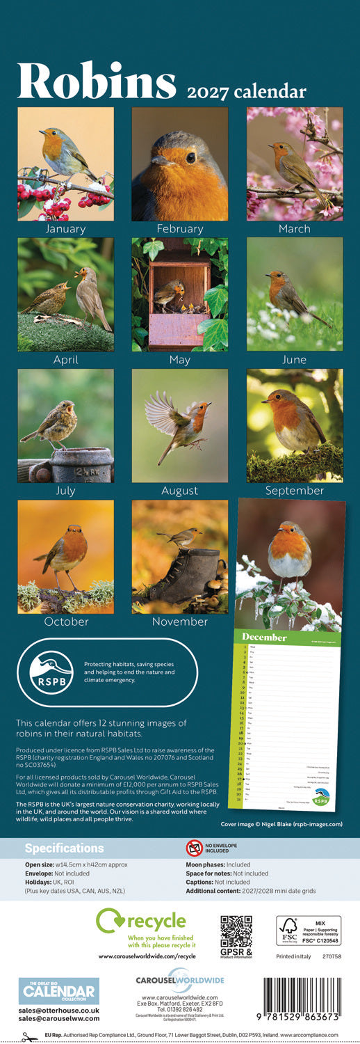 Robins RSPB Slim Calendar 2027