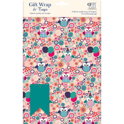 Gift Wrap & Tags - Birthday Hoots (2 Sheets & 2 Tags)