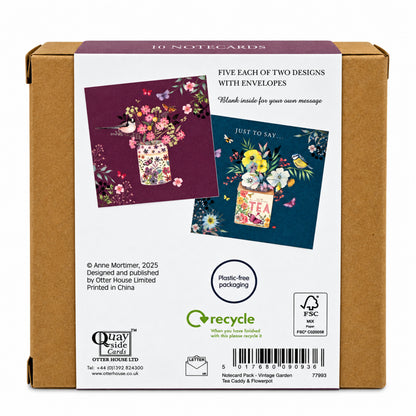 Vintage Garden Stationery - Notecard Pack (10 Cards) - Tea Caddy & Flowerpot