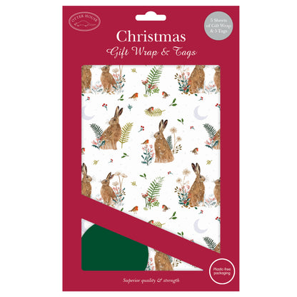 Christmas Wrap & Tags - Wintry Hares (5 Sheets & 5 Tags)