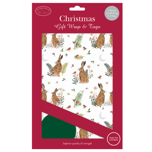 Christmas Wrap & Tags - Wintry Hares (5 Sheets & 5 Tags)