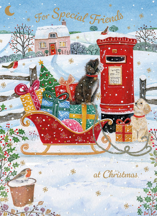 Christmas Card (Single) -  Special Friends - Dogs, Postbox And Sleigh