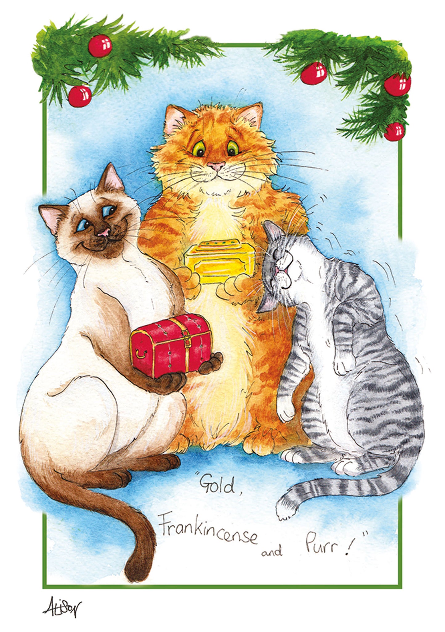 Alison's Animals Christmas Card - Gold Frankincense and Purr