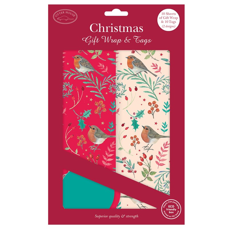 Christmas Wrap & Tags Bumper Pack - Wintery Robins (10 Sheets & 10 Tags)