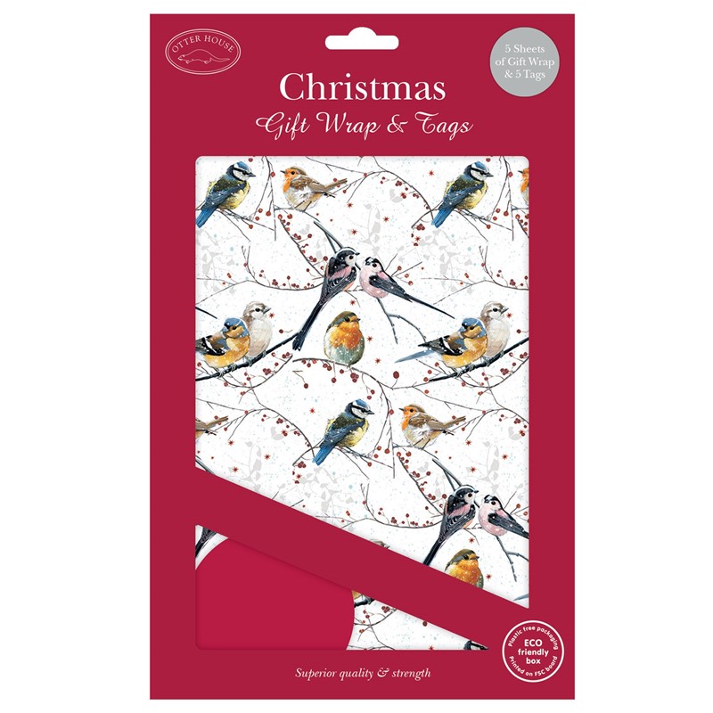 Christmas Wrap & Tags - Bird's & Berries (5 Sheets & 5 Tags)