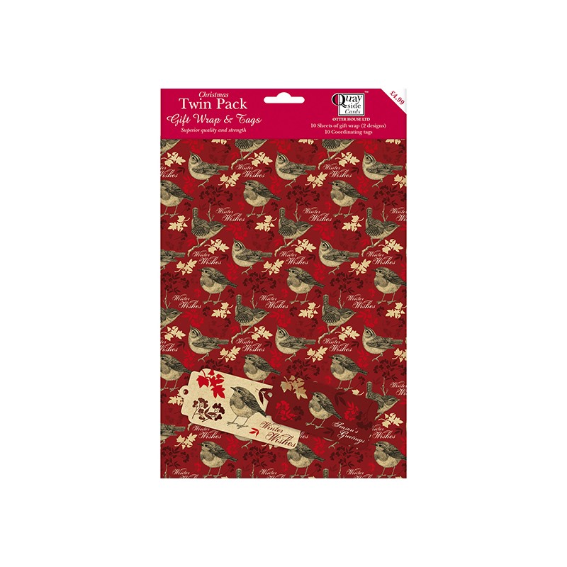 Christmas Wrap & Tags Bumper (Twin) Pack - Vintage Birds (10 Sheets & 10 Tags)