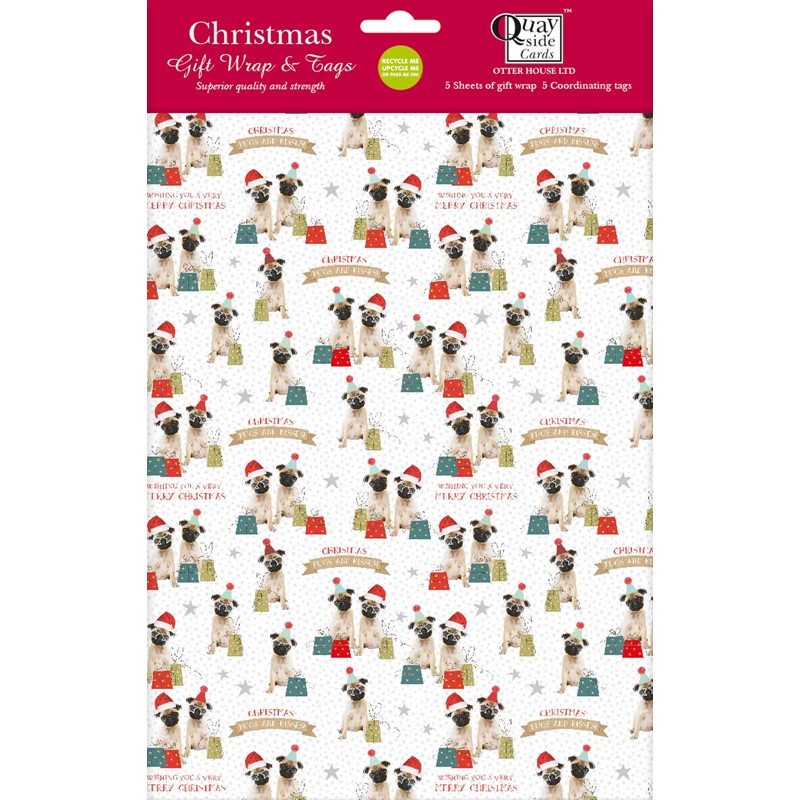 Christmas Wrap & Tags - Festive Party Pugs (5 Sheets & 5 Tags)