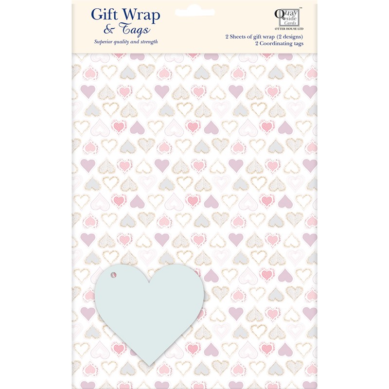 Gift Wrap & Tags - Hearts (2 Sheets & 2 Tags)