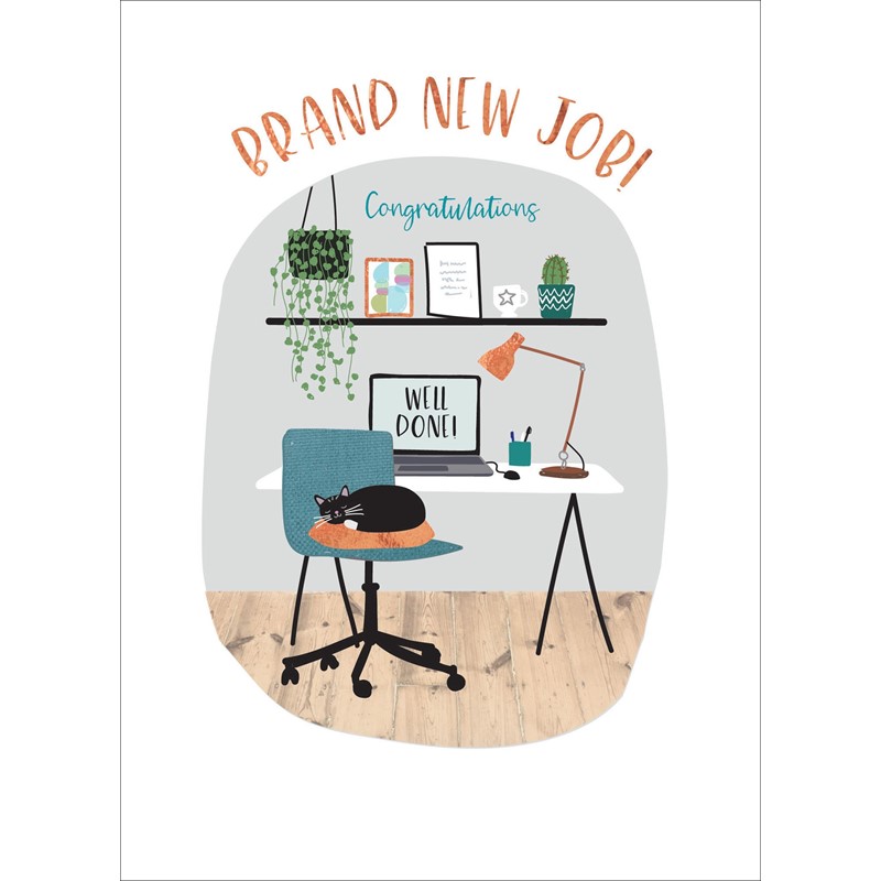 Good Luck Card - 'New Job' Office Desk & Cat