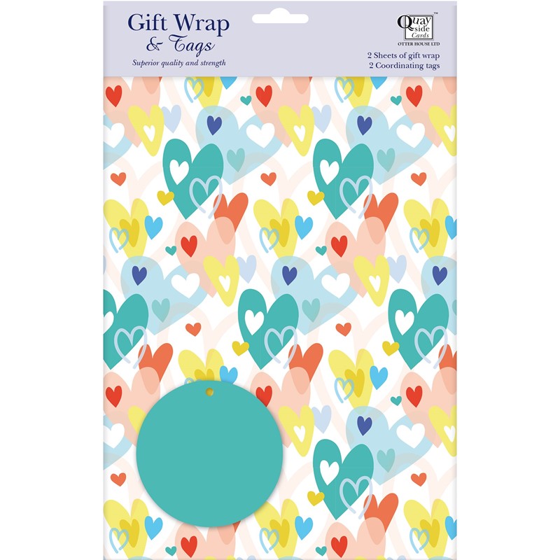 Gift Wrap & Tags - Hearts (2 Sheets & 2 Tags)