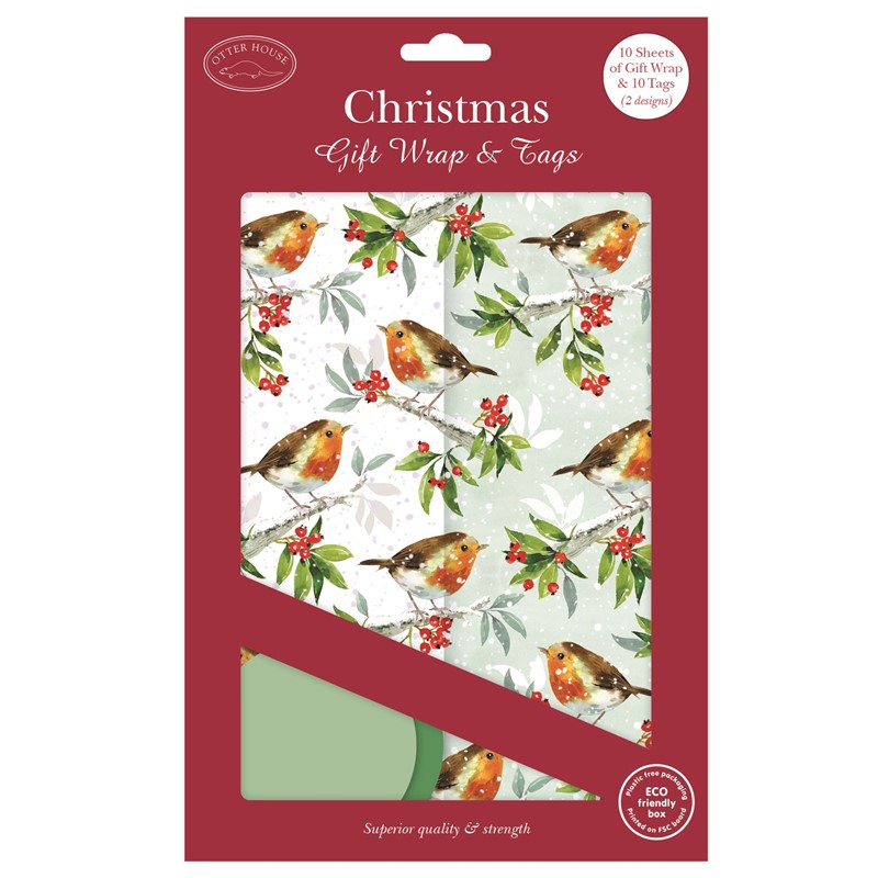 Christmas Wrap & Tags - Holly Robins (10 Sheets & 10 Tags)