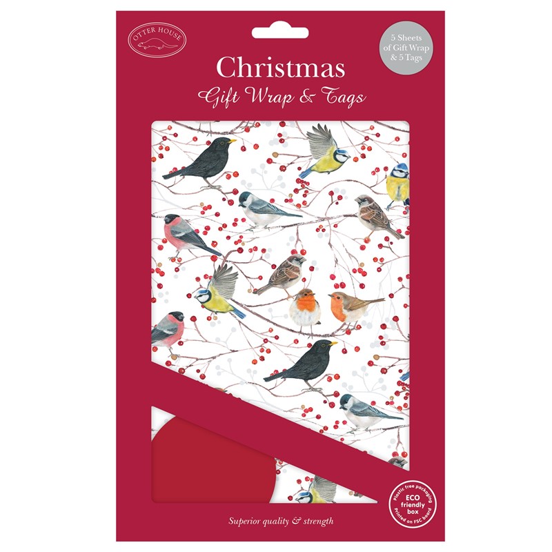 Christmas Wrap & Tags - Birds & Branches (5 Sheets & 5 Tags)