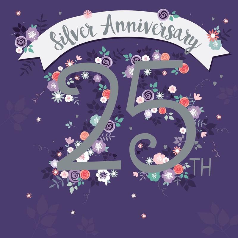Anniversary Card - Banner and Flowers 25th (Open)