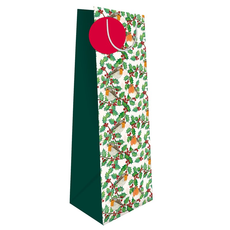 Xmas Bottle Gift Bag - Holly, Berries & Robins